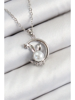 316L Çelik İnci Detaylı Hilal Tavşan Model Gümüş Renk Kadın Kolye