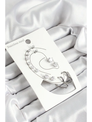 316L Çelik Kalp Figürlü Ve Zirkon Taşlı Gümüş Renk 7li Çift Kadın Küpe Set