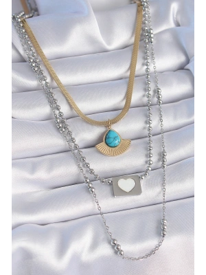 316L Çelik Mix Renk 3lü Zincir Damla Madalyon Figür Uzun Kadın Kolye