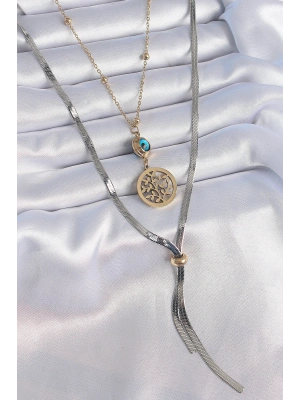 316L Çelik Mix Renk Filiz Figür Nazar Boncuk Detay Uzun Kadın Kolye