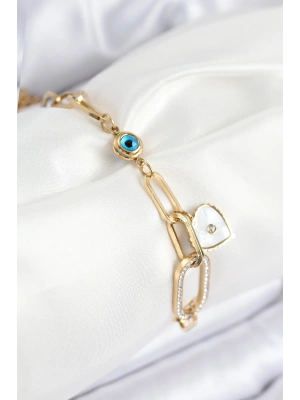 316L Çelik Nazar Boncuğu Ve Zirkon Taşlı Kalp Model Gold Renk Kadın Bileklik