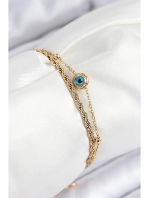 316L Çelik Nazar Boncuk Model Burgu Zincir Gold Renk Kadın Bileklik
