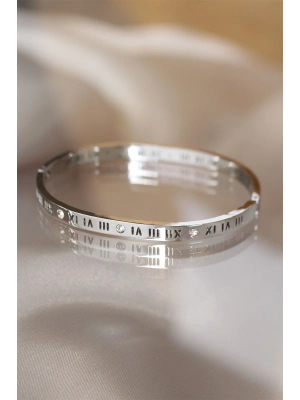 316L Çelik Roma Rakamlı Silver Renk Bilezik Kelepçe