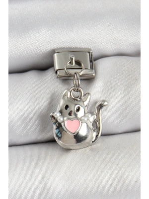 316L Çelik Sallantılı Kalp Detaylı Kedi Model Gümüş Renk Nomination Charm