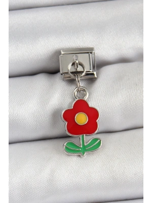 316L Çelik Sallantılı Kırmızı Papatya Model Gümüş Renk Nomination Charm