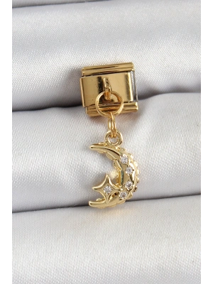 316L Çelik Sallantılı Zirkon Taşlı Ay Model Gold Renk Nomination Charm