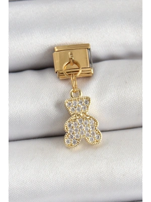 316L Çelik Sallantılı Zirkon Taşlı Ayıcık Model Gold Renk Nomination Charm