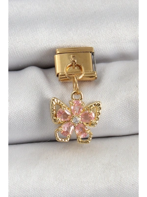 316L Çelik Sallantılı Zirkon Taşlı Çiçek Figürlü Kelebek Model Gold Renk Nomination Charm