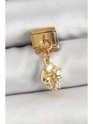 316L Çelik Sallantılı Zirkon Taşlı Deniz Kabuğu Ve Yıldız Model Gold Renk Nomination Charm