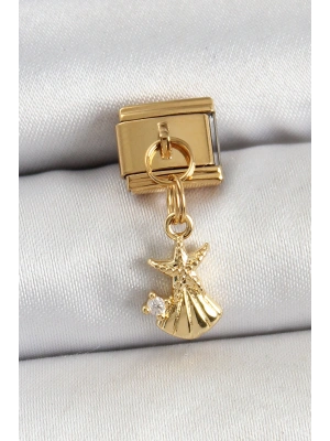 316L Çelik Sallantılı Zirkon Taşlı Deniz Yıldızı Ve İstiridye Model Gold Renk Nomination Charm