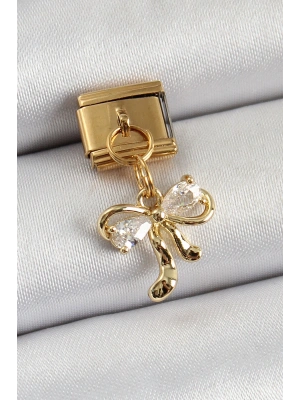316L Çelik Sallantılı Zirkon Taşlı Fiyonk Model Gold Renk Nomination Charm
