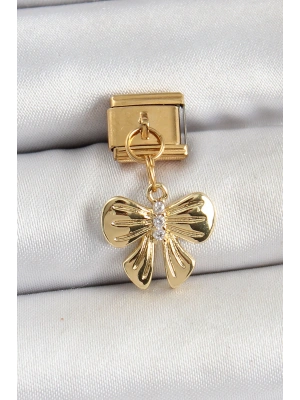 316L Çelik Sallantılı Zirkon Taşlı Fiyonk Model Gold Renk Nomination Charm