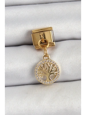 316L Çelik Sallantılı Zirkon Taşlı Hayat Ağacı Model Gold Renk Nomination Charm
