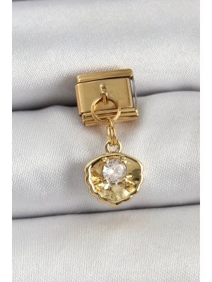 316L Çelik Sallantılı Zirkon Taşlı İstiridye Model Gold Renk Nomination Charm