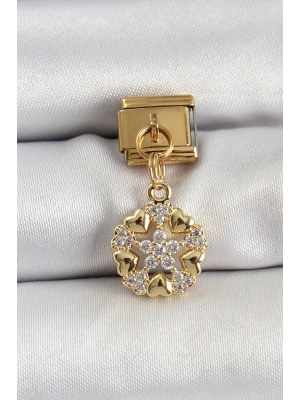 316L Çelik Sallantılı Zirkon Taşlı Kalp Detaylı Yıldz Model Gold Renk Nomination Charm