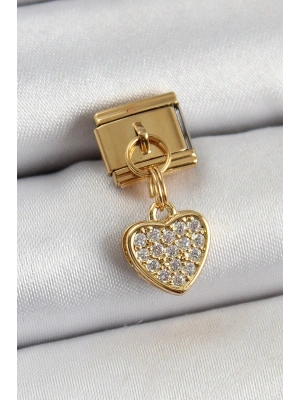 316L Çelik Sallantılı Zirkon Taşlı Kalp Model Gold Renk Nomination Charm