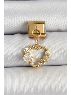 316L Çelik Sallantılı Zirkon Taşlı Kalp Model Gold Renk Nomination Charm