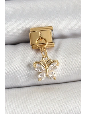 316L Çelik Sallantılı Zirkon Taşlı Kelebek Model Gold Renk Nomination Charm