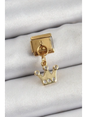 316L Çelik Sallantılı Zirkon Taşlı Kraliçe Tacı Model Gold Renk Nomination Charm