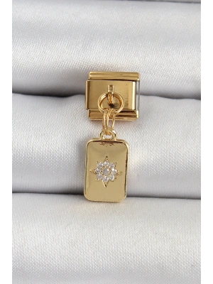 316L Çelik Sallantılı Zirkon Taşlı Kutup Yıldızı Figürlü Dikdörtgen Model Gold Renk Nomination Charm