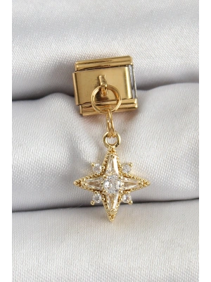 316L Çelik Sallantılı Zirkon Taşlı Kutup Yıldızı Model Gold Renk Nomination Charm
