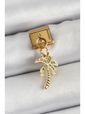 316L Çelik Sallantılı Zirkon Taşlı Palmiye Ağacı Model Gold Renk Nomination Charm