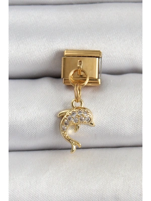316L Çelik Sallantılı Zirkon Taşlı Yunus Balığı Model Gold Renk Nomination Charm