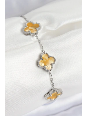 316L Çelik Sedefli Kehribar Sarı Gümüş Renk Yonca Kadın Bileklik