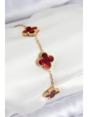 316L Çelik Sedefli Kırmızı Gold Renk Yonca Kadın Bileklik