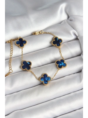 316L Çelik Sedefli Lacivert Gold Renk Yonca Kadın Bileklik