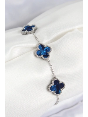 316L Çelik Sedefli Lacivert Gümüş Renk Yonca Kadın Bileklik