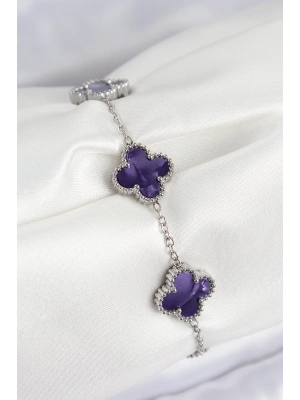 316L Çelik Sedefli Mor Gümüş Renk Yonca Kadın Bileklik