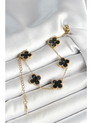 316L Çelik Sedefli Siyah Gold Renk Yonca Kadın Bileklik