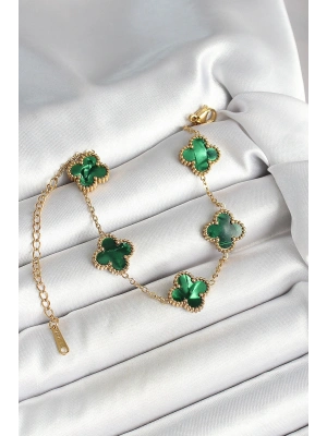 316L Çelik Sedefli Zümrüt Yeşil Gold Renk Yonca Kadın Bileklik