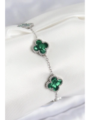 316L Çelik Sedefli Zümrüt Yeşil Gümüş Renk Yonca Kadın Bileklik