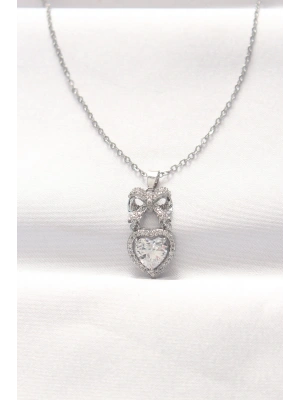 316L Çelik Silver Renk Zirkon Taşlı Kalpli Fiyonk Kolye