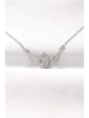 316L Çelik Silver Renk Zirkon Taşlı Kalpli Kanat Kolye