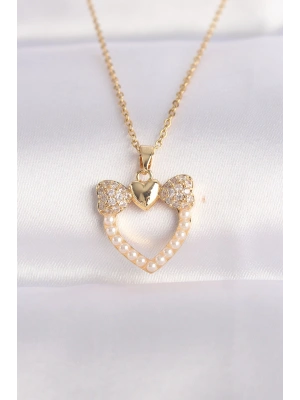 316L Çelik Zincir Altın Renk İnci Taş Detay Zirkon Taşlı Kalp Kolye