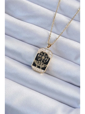 316L Çelik Zincir Altın Renk İşlemeli Siyah Mineli Tarot Kolye