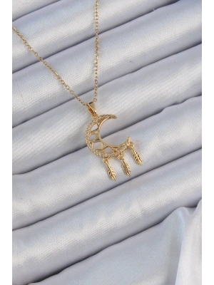 316L Çelik Zincir Altın Renk İşlemeli Zirkon Taşlı Ay Kolye