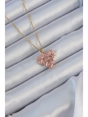 316L Çelik Zincir Altın Renk Pembe Parçalı Zirkon Taşlı Kalp Kolye