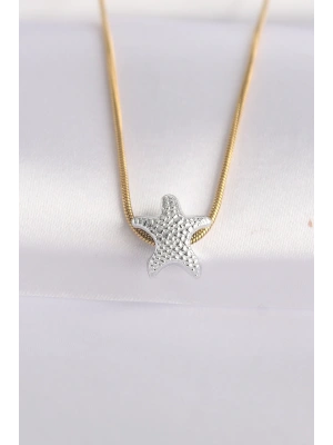 316L Çelik Zincir Altın Renk Zincirli Gümüş Renk Deniz Yıldızı Tasarımlı Kolye