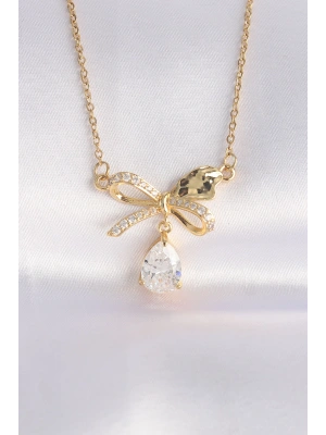 316L Çelik Zincir Altın Renk Zirkon Taşlı Damla Detay Fiyonk Kolye