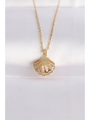 316L Çelik Zincir Altın Renk Zirkon Taşlı İnci Detay İstiridye Kolye