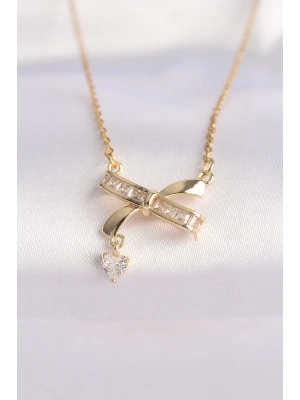 316L Çelik Zincir Altın Renk Zirkon Taşlı Kalp Detay Fiyonk Kolye