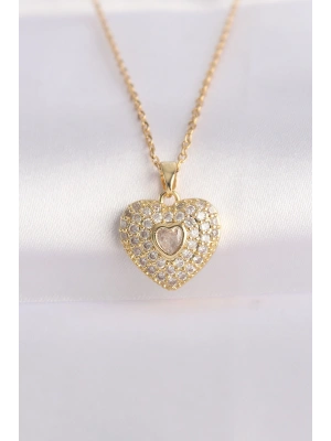 316L Çelik Zincir Altın Renk Zirkon Taşlı Kalp Kolye