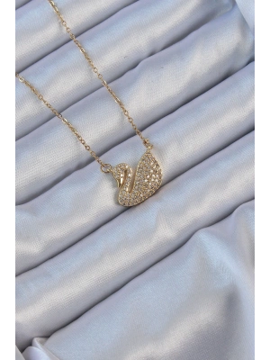 316L Çelik Zincir Altın Renk Zirkon Taşlı Kuğu Kolye