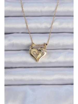 316L Çelik Zincir Altın Renk Zirkon Taşlı Mıknatıslı Kalp Kolye