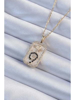 316L Çelik Zincir Altın Renk Zirkon Taşlı Minimal Papatya Figürlü Tarot Kolye