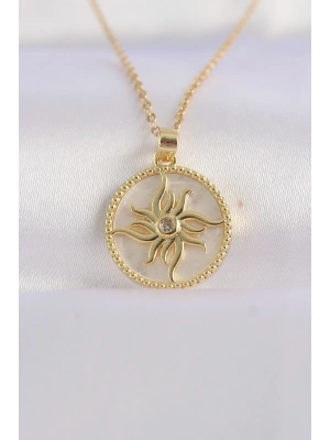 316L Çelik Zincir Altın Renk Zirkon Taşlı Oval Tasarım Güneş Kolye